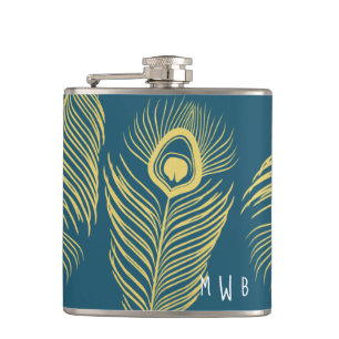 Elegante Gold Peacock Feathers Monogram Flask Flachmann