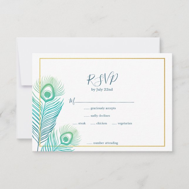 Elegante Gold Peacock Wedding RSVP Cards (Vorderseite)