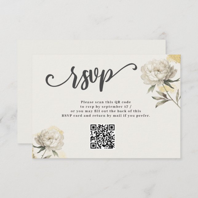 Elegante Gold Peony QR Code Wedding RSVP Card (Vorne/Hinten)