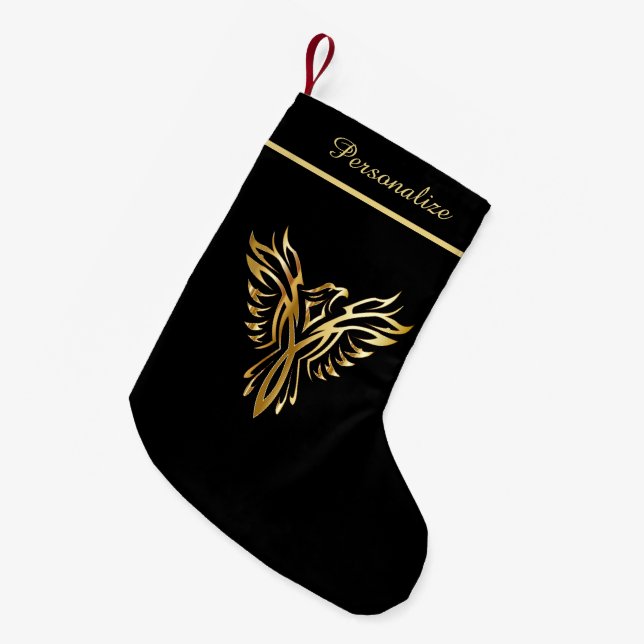 Elegante Gold Phoenix aus Ashes personalisieren Kleiner Weihnachtsstrumpf (Vorderansicht (hängend))