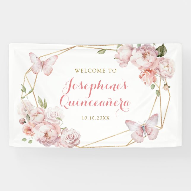 Elegante Gold Pink Floral Girl Quinceañera Grosses Banner (Horizontal)