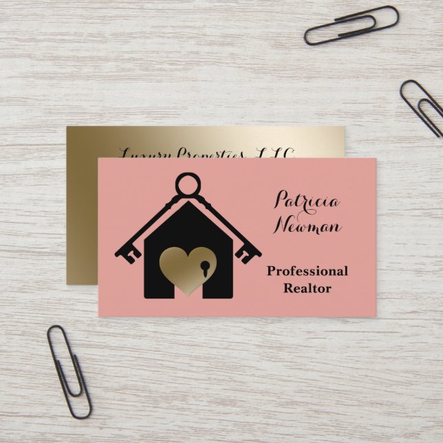 Elegante Gold Pink Realtor Business Card Visitenkarte (Vorderseite/Rückseite Beispiel)