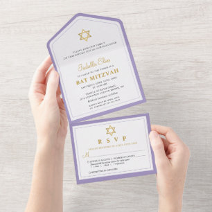 Elegante Gold-Purple Bat Mitzwa All In One Einladung