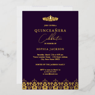 Elegante Gold-Purple-Tiara Quinceanera Folieneinladung