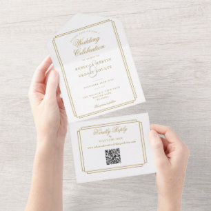 Elegante Gold-QR-Code-Art-Deco-Monogramm-Hochzeit All In One Einladung