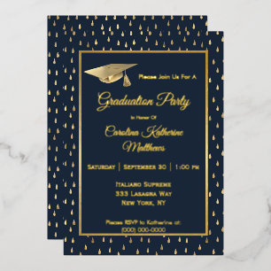 Elegante Gold Raindrops Navy Blue Graduation Party Folieneinladung