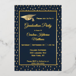 Elegante Gold Raindrops Navy Blue Graduation Party Folieneinladung