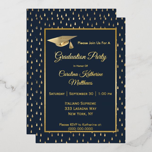 Elegante Gold Raindrops Navy Blue Graduation Party Folieneinladung (Vorderseite/Rückseite)