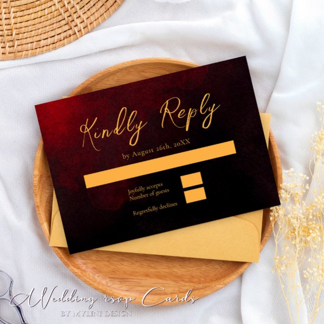 Elegante Gold Red and Black Wedding RSVP Card (Von Creator hochgeladen)