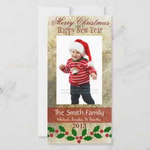 Elegante Gold Red & Green Holly Family Foto Card Feiertagskarte