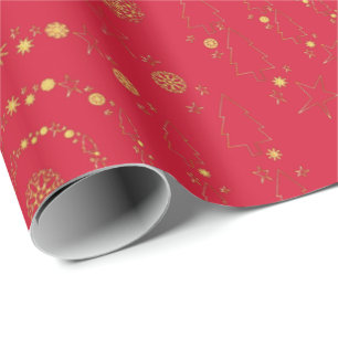 Elegante Gold Red Handrawn Weihnachtsmuster Geschenkpapier