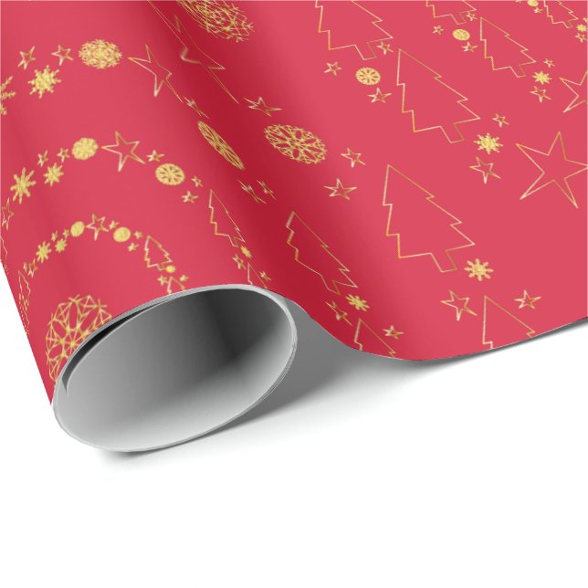 Elegante Gold Red Handrawn Weihnachtsmuster Geschenkpapier (Rolleneckpunkt)