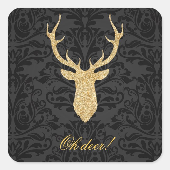 Elegante Gold Rentier Head Silhouette Black Damask Quadratischer Aufkleber (Vorderseite)