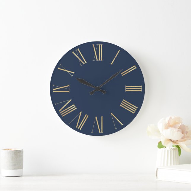 Elegante Gold römische Zahlen auf Navy Blue Große Wanduhr (Zuhause)