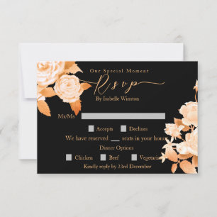 Elegante Gold Rose Black Wedding Dinner Option RSVP Karte