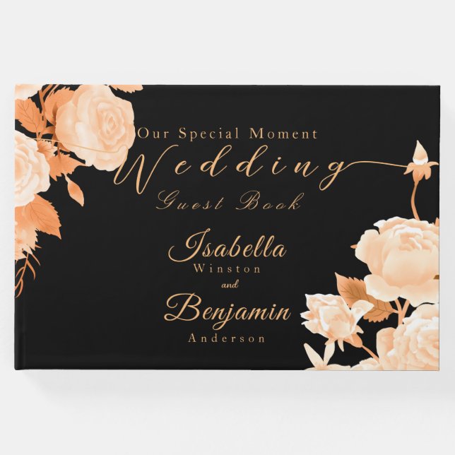 Elegante Gold Rose Black Wedding Gästebuch (Vorderseite)
