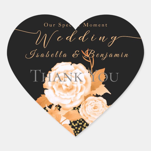 Elegante Gold Rose Black Wedding Herz-Aufkleber (Vorderseite)
