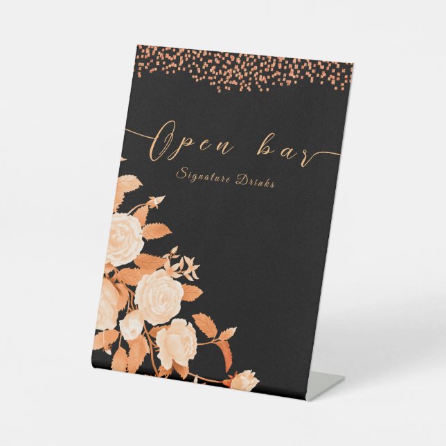Elegante Gold Rose Black Wedding Open Bar Sockelschild (Vorderseite)
