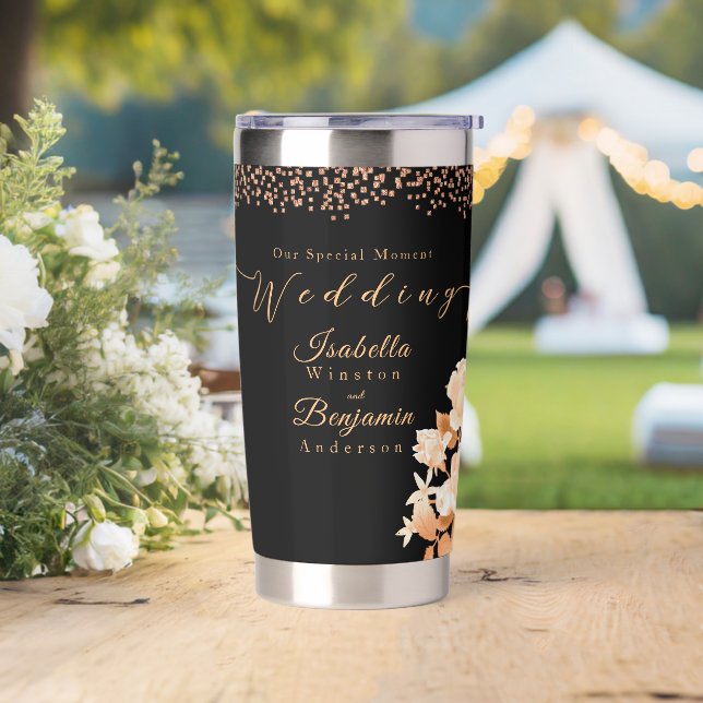 Elegante Gold Rose Black Wedding Thermobecher (Hochzeit)