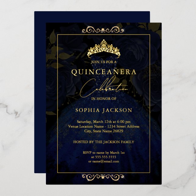 Elegante Gold Rose Dress Quinceanera Folieneinladung (Vorderseite/Rückseite)