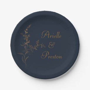 Elegante Gold Rose Stem auf Navy Paper Plate Pappteller