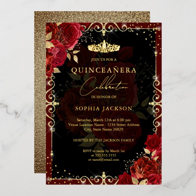 Elegante Gold Rote Rose Quinceanera Folieneinladung (Vorderseite/Rückseite)