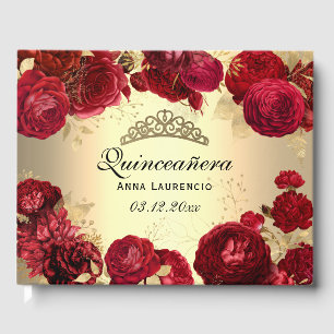 Elegante Gold Rote Rosen Quinceanera Custom Gästebuch