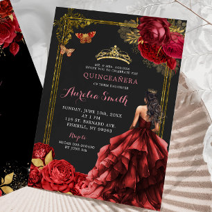 Elegante Gold Rote Rosen Royal Quinceñera Einladung