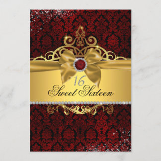 Elegante Gold Ruby Red Damask 16 . Geburtstag Einl Einladung