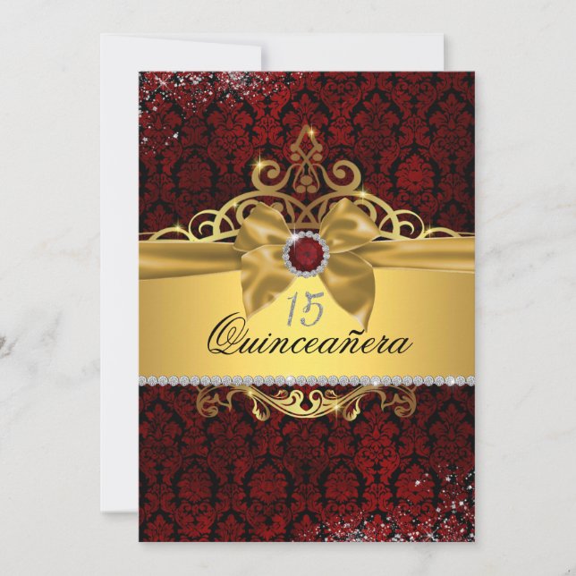 Elegante Gold Ruby Red Damask Quinceanera Einladun Einladung (Vorderseite)