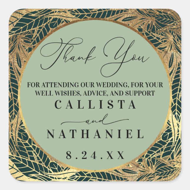 Elegante Gold Sage Grüne Blätter Hochzeit Quadratischer Aufkleber (Vorderseite)