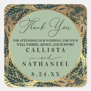 Elegante Gold Sage Grüne Blätter Hochzeit Quadratischer Aufkleber