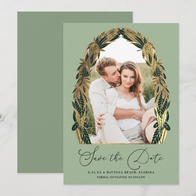 Elegante Gold Sage Grüne Blätter Hochzeit Save The Date (Vorne/Hinten)