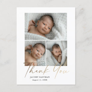 Elegante Gold Schrift 3 Foto Baby Danke Postkarte