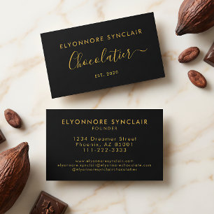 Elegante Gold-Schrift Chocolatier-Branding Schwarz Visitenkarte