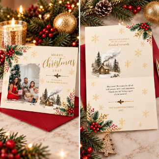 Elegante Gold-Schrift Familienfoto Weihnachten Karte