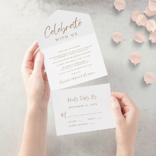 Elegante Gold-Schrift Hochzeitsempfang All In One Einladung