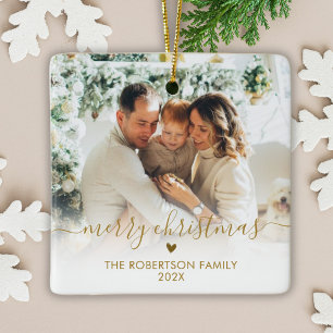 Elegante Gold-Schriftfamilienfoto Frohe Weihnachte Keramikornament