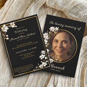 Elegante Gold-Schwarz-Weiße Magnolien-Trauerfeier Einladung