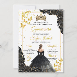 Elegante Gold-Schwarze Royal Quinceañera-Einladung Einladung