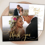 Elegante Gold Script 2 Foto Wedding Dankeschön Kar Dankeskarte<br><div class="desc">Modernes Boho Elegant Chic Gold Kalligrafie Script Wedding 2 Foto Danke Karte. Stilvolle Hochzeit danke Ihnen Vorlage mit einem vollen vertikalen Foto auf der Vorderseite mit dem Text "Danke" in einer skurrilen Wirblen Hand Schrift Schriftzug Swash Schwanz Schriftart IMITATE Goldfolie Overlay auf dem Bild und eine Rückseite ein (1) Foto...</div>