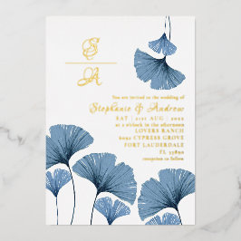 Elegante Gold Script Blue Leaf Hochzeitseinladung Folieneinladung