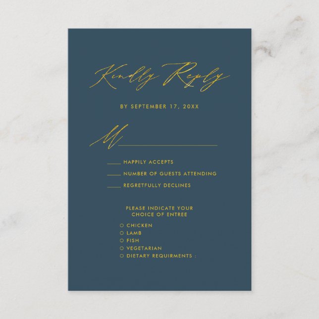Elegante Gold Script Blue Minimalistisch Wedding R Begleitkarte (Vorderseite)