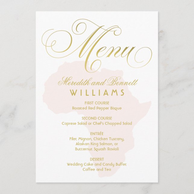 Elegante Gold Script Blush Pink Africa Wedding Menükarte (Vorderseite)