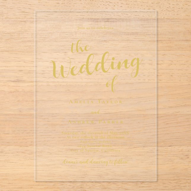 Elegante Gold Script Calligraphy Minimal Wedding Acryleinladungen (Vorderseite)