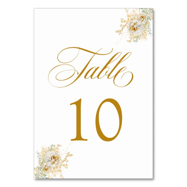 Elegante Gold Script Floral Wedding Tischnummer 10 (Vorderseite)