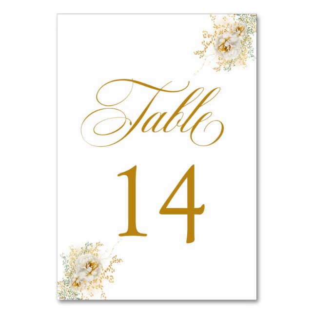 Elegante Gold Script Floral Wedding Tischnummer 14 (Vorderseite)