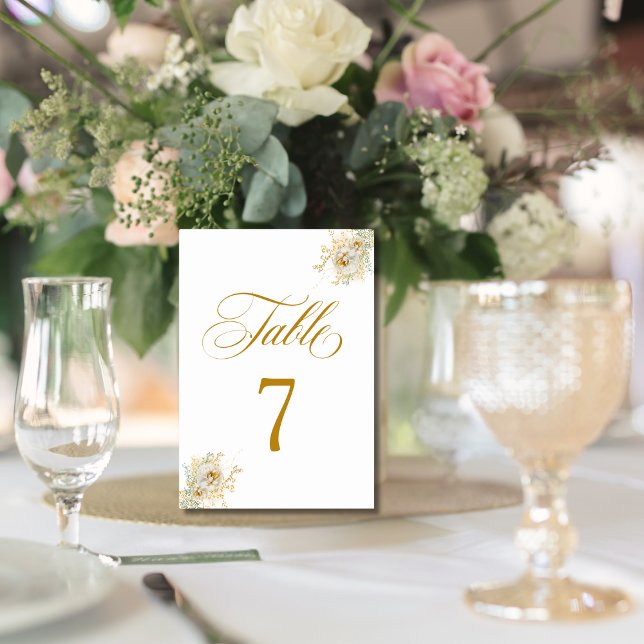 Elegante Gold Script Floral Wedding Tischnummer 7 (Von Creator hochgeladen)