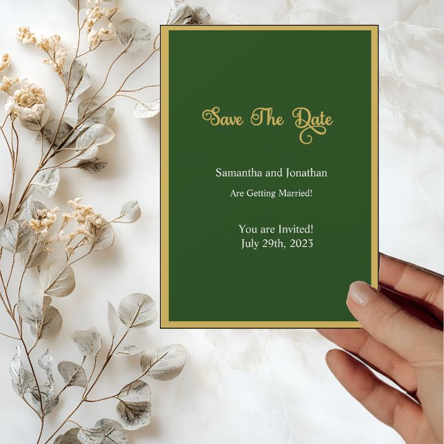 Elegante Gold Script Frame Green Save the Date Kar Einladung (Von Creator hochgeladen)