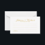 Elegante Gold Script Hochzeitsratgeber und Wunschk Hinweiskarte<br><div class="desc">Fügen Sie Ihrer Hochzeit eine persönliche Touch mit einer eleganten Hochzeitsberatung und Wunschkarte hinzu. Diese Ratenkarte ist mit dem Titel in modernem, elegantem Kalligraphie-Schriftart-Stil und den Details in goldenen, modernen Sans Serif-Schriftart-Stil auf weißem Hintergrund ausgestattet. Ideal für Hochzeiten, Babydusche, Geburtstagsparty, Brautparty, Junggeselinnen-Abschied und alle besondere Anlässe. Bitte beachten Sie: Die...</div>